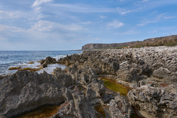 Fototapeta na wymiar jagged limestone rocks with pools of water on the coast near San Vito lo Capo in Sicily