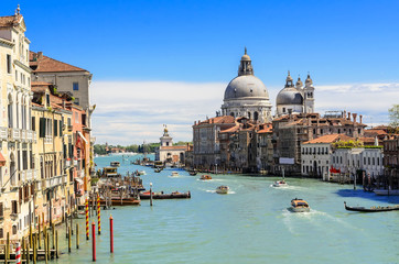Grand Canal view of the Basilica of Santa Maria della Salute (Basilica di Santa Maria della Salute) from the Accademia Bridge (Ponte dell'Accademia).Venice,Italy