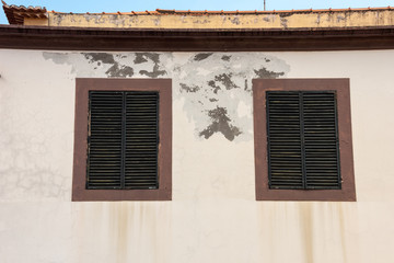 Two windows with green closed shutters in old wall. 
