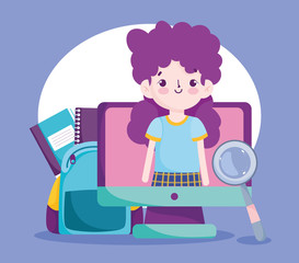back to school, student girl online class bag magnifier and books elementary education cartoon