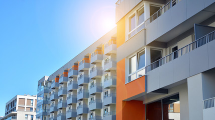 Architectural details of modern apartment building. Modern european residential apartment building complex.