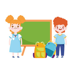 back to school, student boy and girl chalkboard bags elementary education cartoon