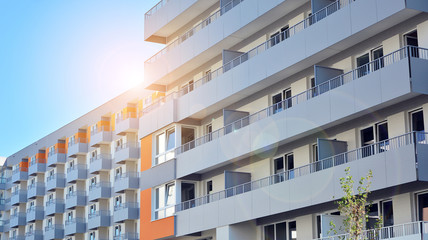 Architectural details of modern apartment building. Modern european residential apartment building complex.