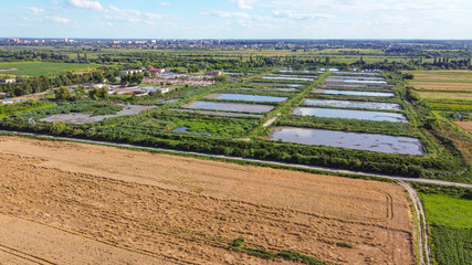 Sewerage or sewage cleaning factory from high above the sky aerial view.