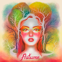 hand-drawn fantasy autumn girl, framed by autumn trees, yellow red colors. Girl as the image of the season