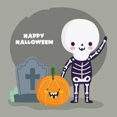 happy halloween, skeleton costume pumpkin and tombstone trick or treat party celebration