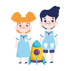 back to school, student boy and girl rocket elementary education cartoon