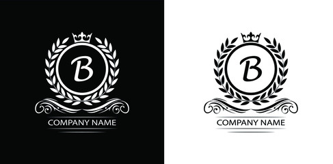 Letter B laurel wreath template logo Luxury letter with crown. Monogram alphabet . Beautiful royal initials letter.	 