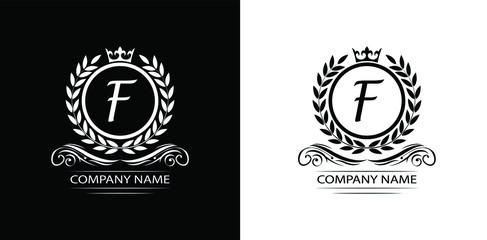 Letter F laurel wreath template logo Luxury letter with crown. Monogram alphabet . Beautiful royal initials letter.	 
