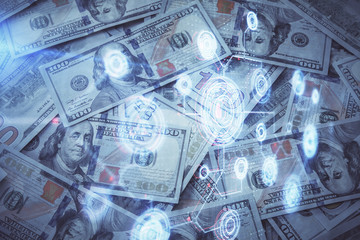 Double exposure of data theme drawing over us dollars bill background. Technology concept.