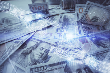 Double exposure of data theme drawing over us dollars bill background. Technology concept.