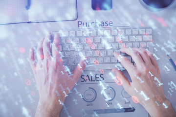 Multi exposure of man's hands typing over computer keyboard and data theme hologram drawing. Top view. Technology concept.