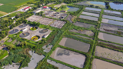 Sewerage or sewage cleaning factory from high above the sky aerial view.