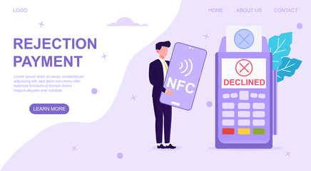 Businessman holding a bank card with bank teller machine showing NFS payment declined, web page template, colored vector illustration
