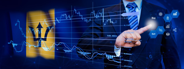 Businessman touching data analytics process system with KPI financial charts, dashboard of stock and marketing on virtual interface. With Barbados flag in background.