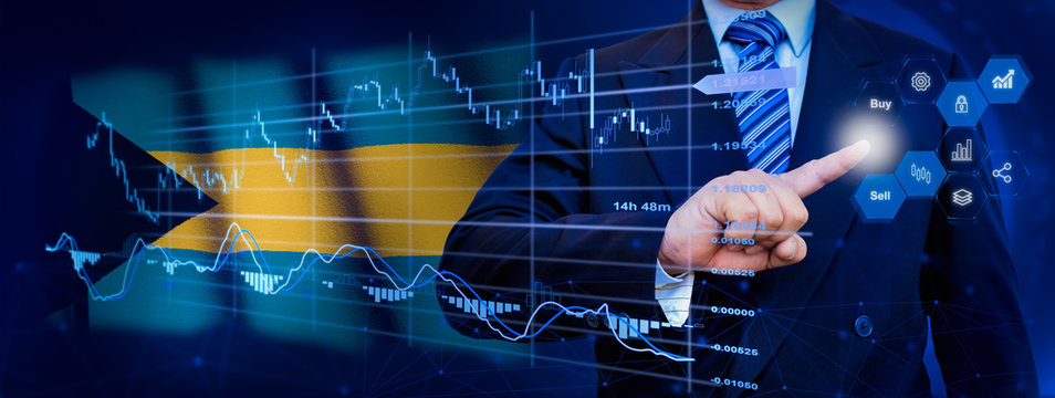 Businessman touching data analytics process system with KPI financial charts, dashboard of stock and marketing on virtual interface. With Bahamas flag in background. - Powered by Adobe