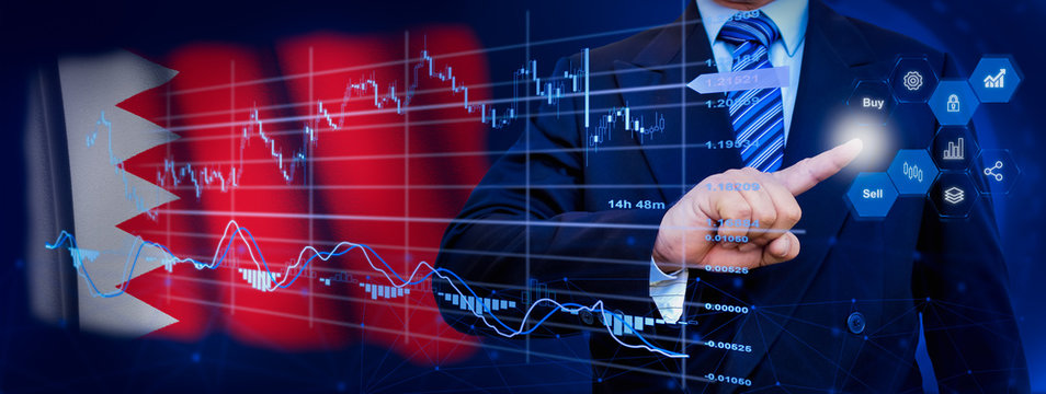 Businessman touching data analytics process system with KPI financial charts, dashboard of stock and marketing on virtual interface. With Bahrain flag in background. - Powered by Adobe