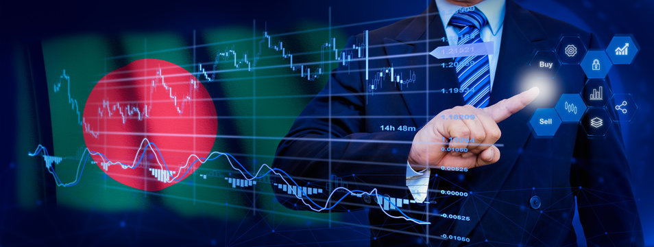 Businessman touching data analytics process system with KPI financial charts, dashboard of stock and marketing on virtual interface. With Bangladesh flag in background. - Powered by Adobe