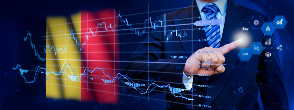 Businessman touching data analytics process system with KPI financial charts, dashboard of stock and marketing on virtual interface. With Belgium flag in background. - Powered by Adobe