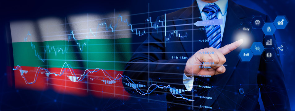 Businessman touching data analytics process system with KPI financial charts, dashboard of stock and marketing on virtual interface. With Bulgaria flag in background. - Powered by Adobe