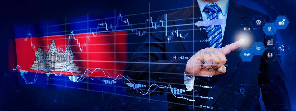 Businessman touching data analytics process system with KPI financial charts, dashboard of stock and marketing on virtual interface. With Cambodia flag in background. - Powered by Adobe
