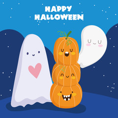 Fototapeta premium happy halloween, ghosts and stack of pumpkins trick or treat party celebration