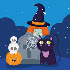 happy halloween, witch cat tombstone skulls and pumpkin trick or treat party celebration