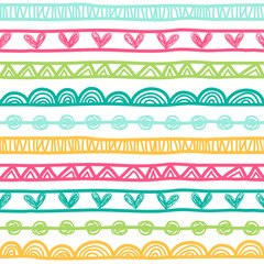 Seamless vector pattern with hearts and different shapes in bright colors. - 373011129