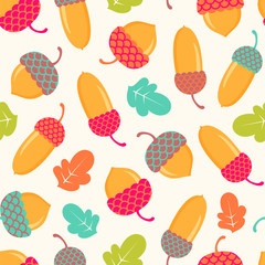 Seamless background with acorns and oak leaves.  Autumn vector pattern.
