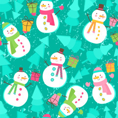 Seamless pattern with snowman, gifts and trees. Christmas vector  illustration.
