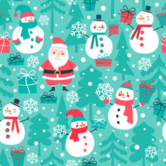 Seamless vector pattern with snowman and Santa Claus with gifts in the forest. Christmas background.
