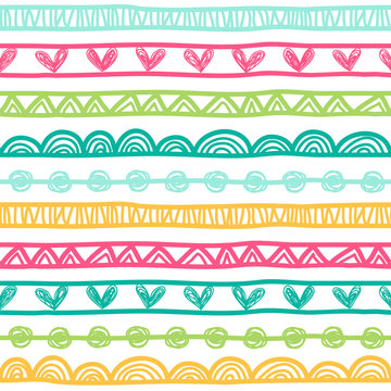 Seamless vector pattern with hearts and different shapes in bright colors.
