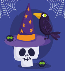 happy halloween, skull with hat raven and spiders trick or treat party celebration