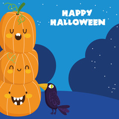 happy halloween, stack of pumpkins and raven trick or treat party celebration