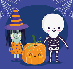 happy halloween, skeleton witch costume and pumpkin trick or treat party celebration