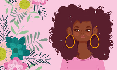 afro american woman cartoon flowers foliage nature