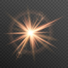 Sun, rays and glow on transparent background. Isolated light effect. Lens flare