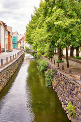 Fototapeta premium City canal lined with houses and trees in the old town of Wismar.