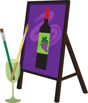 Painting brushes in a wine glass and a painting of a wine bottle on an easel representing a paint and sip party, EPS 8 vector illustration