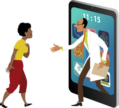Doctor stepping out of a smartphone and shaking hands with a female patient, EPS 8 vector illustration on tele-medicine