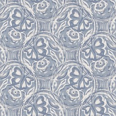 Seamless french farmhouse linen printed floral damask background. Provence blue gray linen pattern texture. Shabby chic style woven blur background. Textile rustic all over print