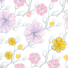 Pink Flowers Blooming Pattern. Pastel Watercolor.