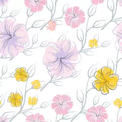 Foto op Canvas Pink Flowers Blooming Pattern. Pastel Watercolor. © Сашка Шаргаева