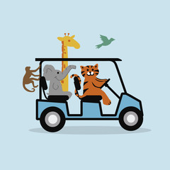 Animals riding Safari Tour Cart