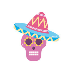 mexican sugar skull with hat icon, flat style