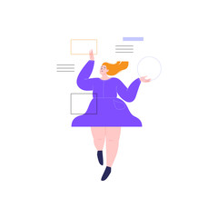 Flat illustration of a female creative professional working with geometrical elements. A woman in purple dress levitating with geometric figures. Designer at work concept