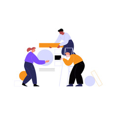 Flat illustration of a designers team working on a project. Three creative professionals building a design of different geometric figures. Creative team at work concept