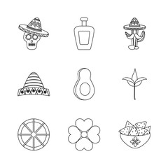 icon set of sugar skull and mexican culture, line style