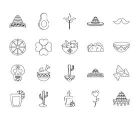 flowers and mexican culture icon set, line style