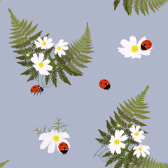 Seamless vector illustration with flowers, fern leaves and ladybirds